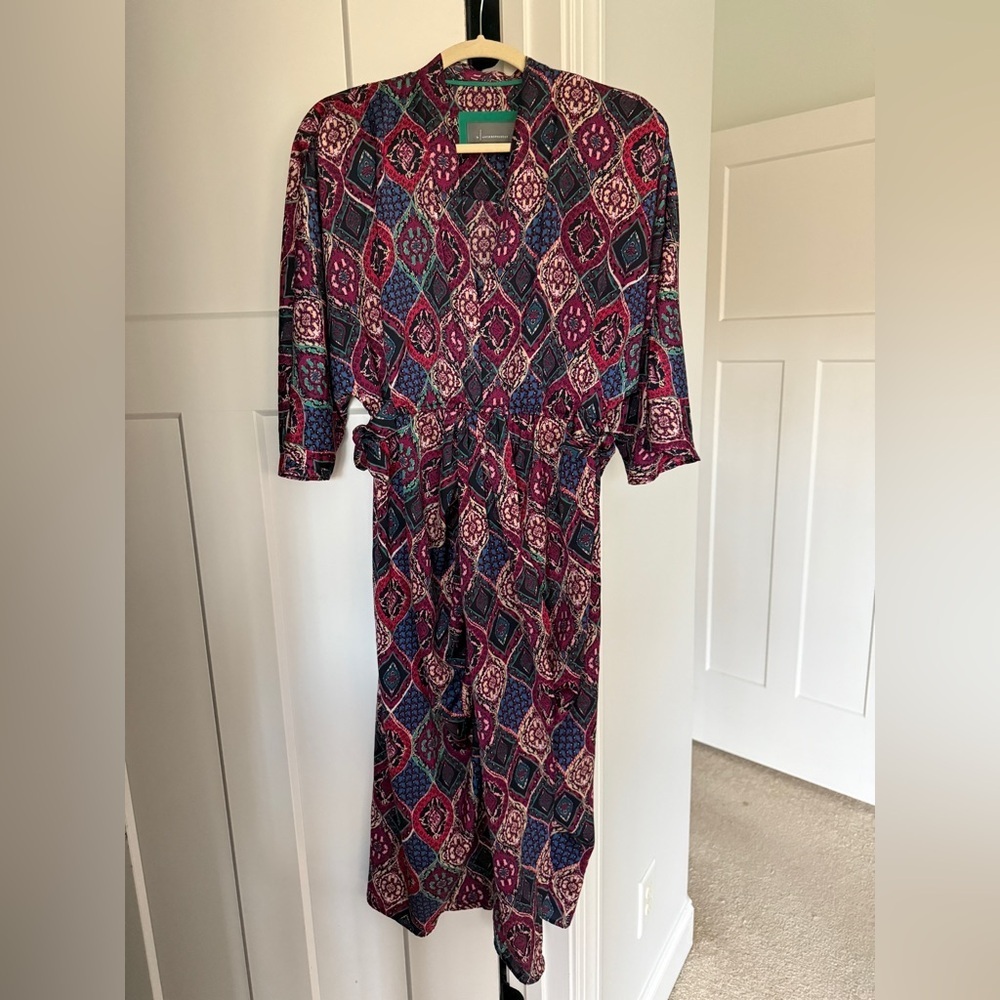 Anthropologie Miska Midi Dress Tie Waist 3/4 Sleeve Plum purple print - Picture 2 of 5